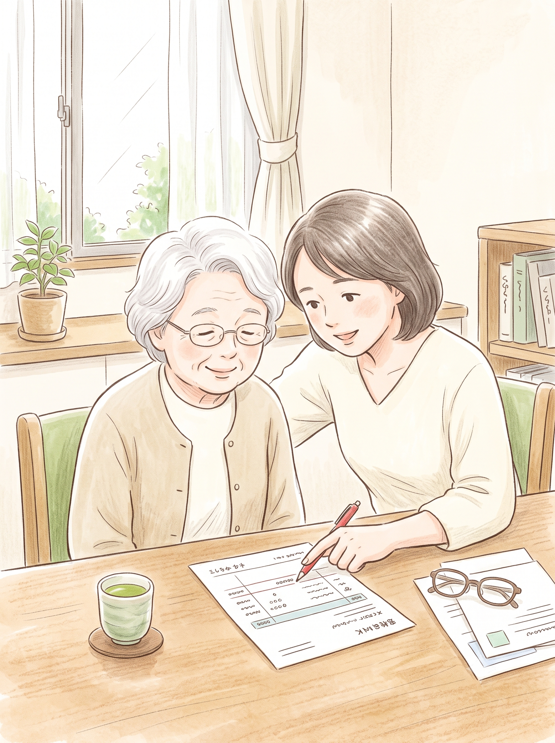 明細に印をつける親を娘が手伝うイラスト